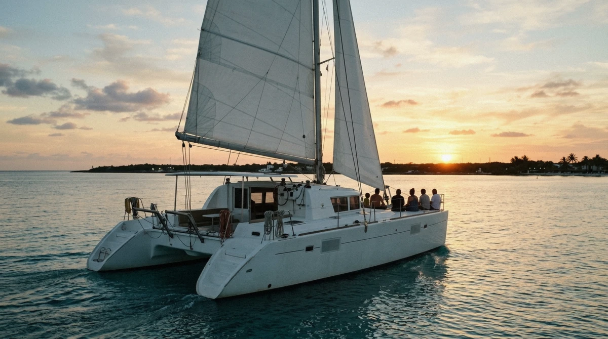 A catamaran under sail in low golden light off Cozumel on the sunset catamaran snorkel tour