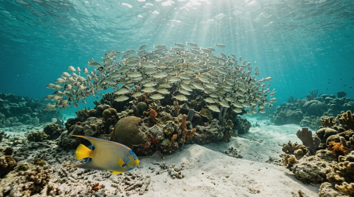 A school of grunts and a queen angelfish over coral at Paraíso reef, the second stop on a Cozumel glass bottom boat snorkeling tour