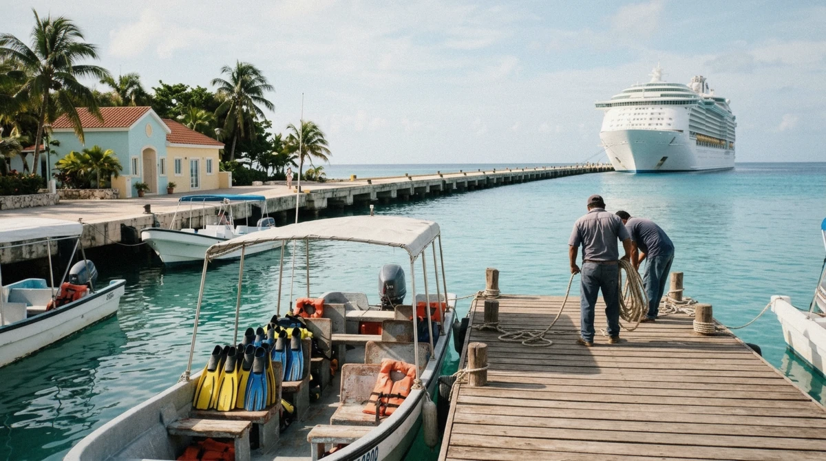 The San Miguel de Cozumel waterfront and pier where the Playa del Carmen ferry arrives and the tour boats board
