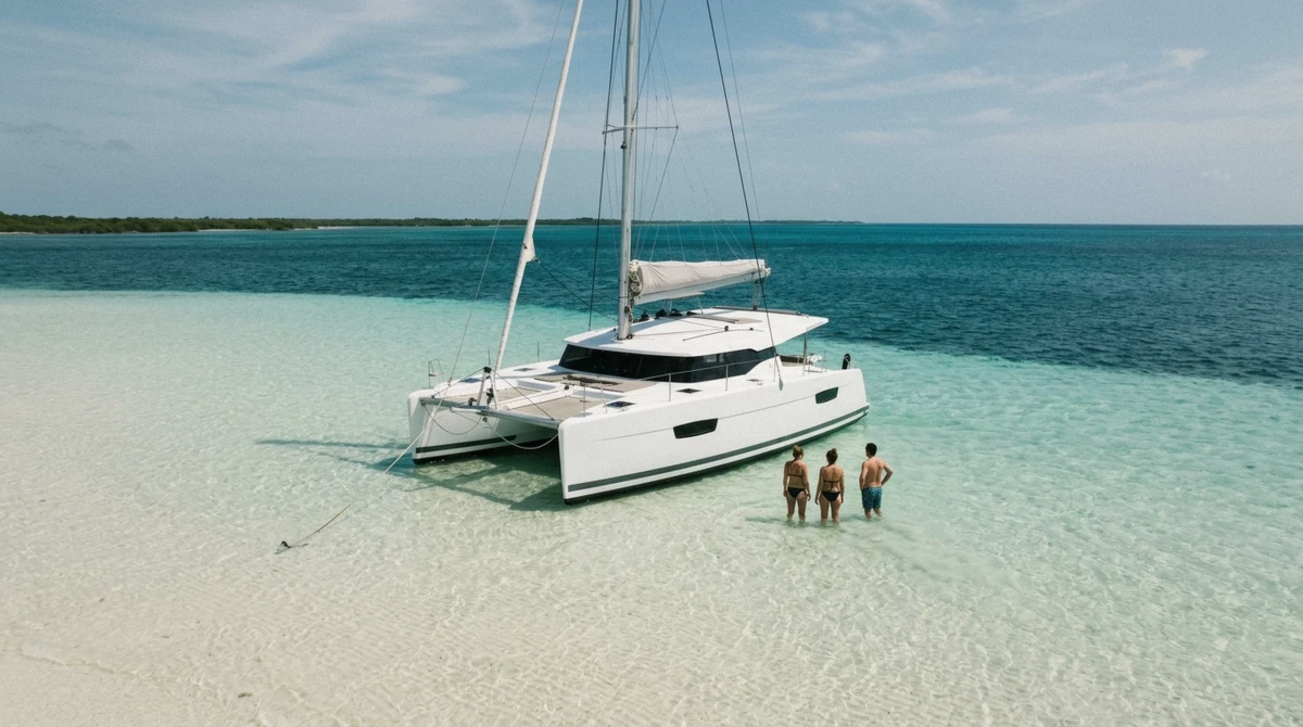 A catamaran anchored over the shallow turquoise sandbar at El Cielo on the Cozumel catamaran tour with beach park