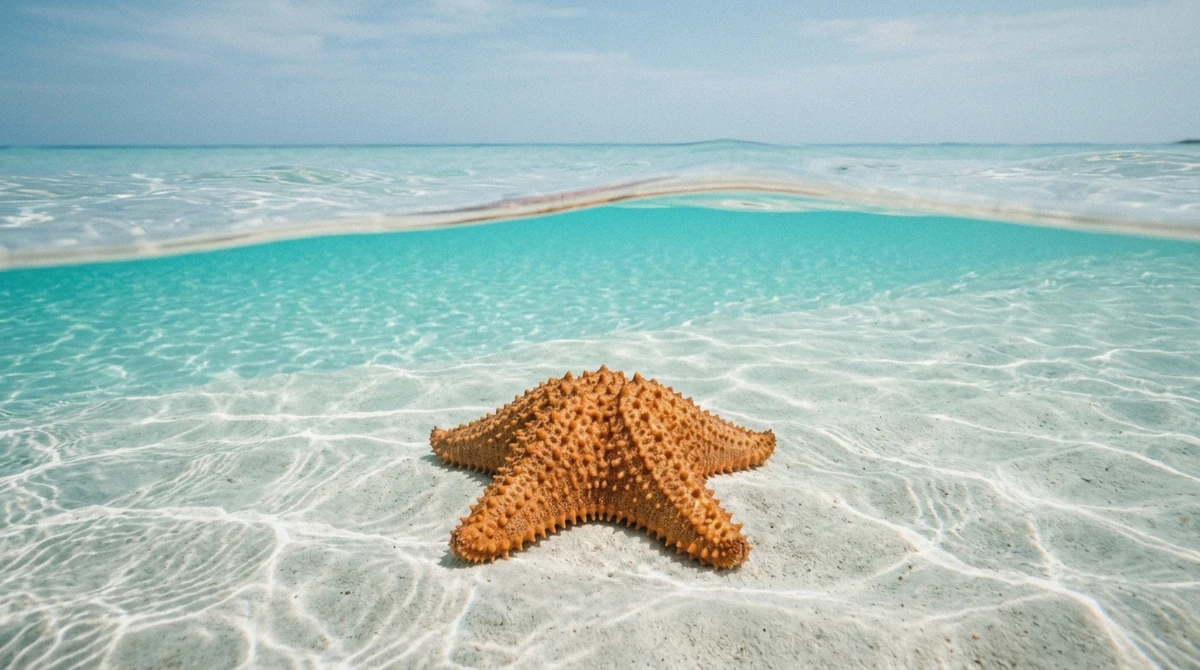 A cushion starfish on white sand in shallow water at El Cielo, the middle stop on the Cozumel sunset catamaran snorkel tour