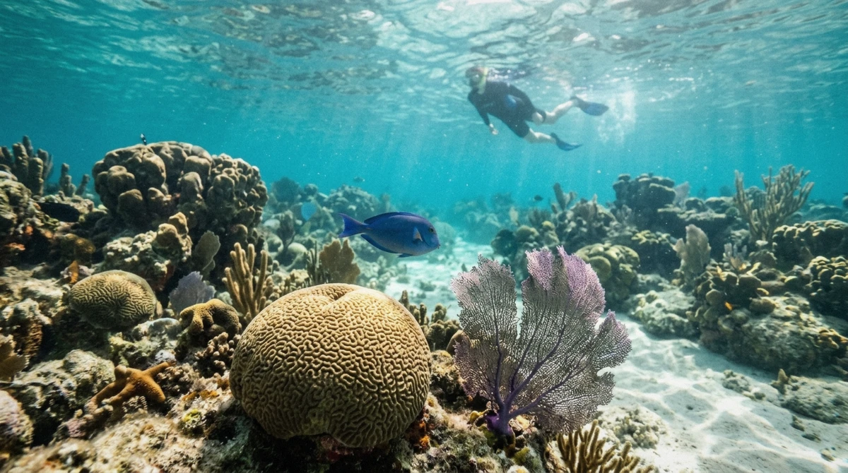 Brain coral and a purple sea fan on the shallow Villa Blanca reef seen on a Cozumel glass bottom boat snorkeling tour